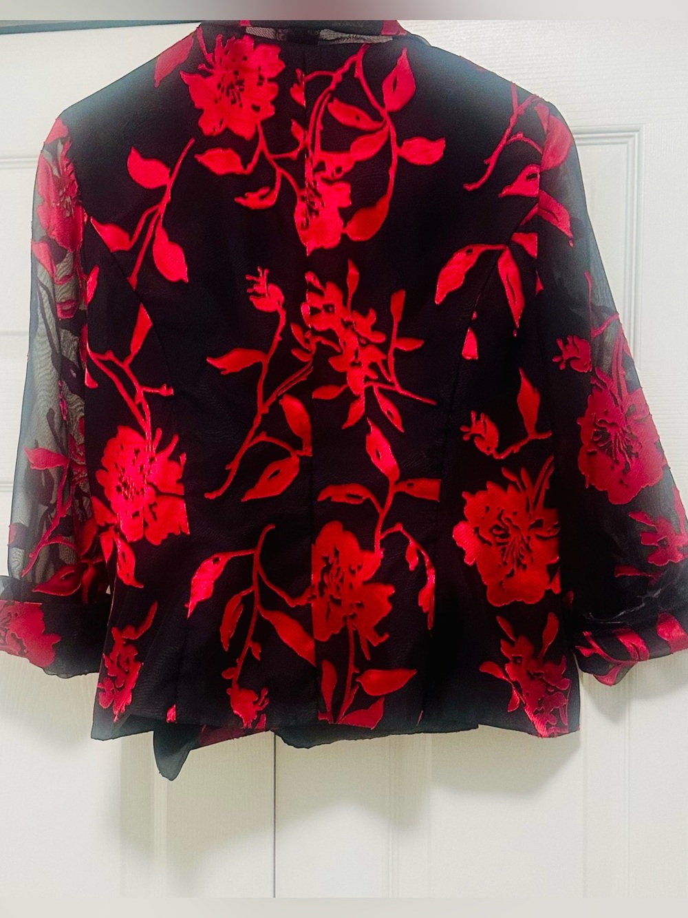 Alex Evenings Black Jacket with Red Floral Burnout - Picture 5 of 8